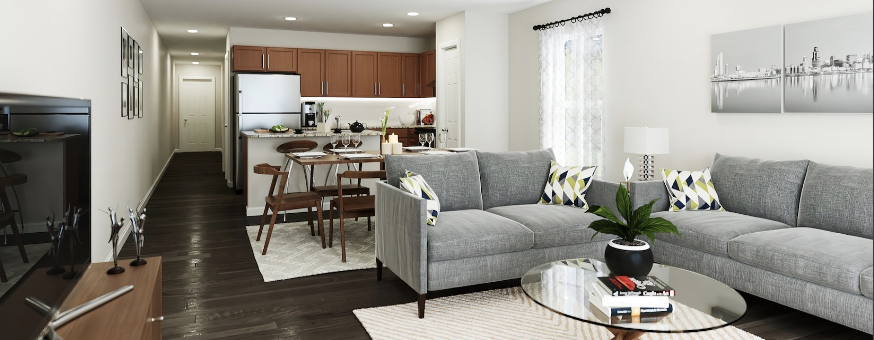 Rendering of The Harper Trout River townhome living room and kitchen